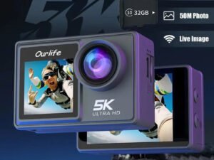 Ourlife 5K 30fps Action Cam 50MP EIS Wifi Wireless Dual Dcreen Vlog Camera With 32GB Memory Card